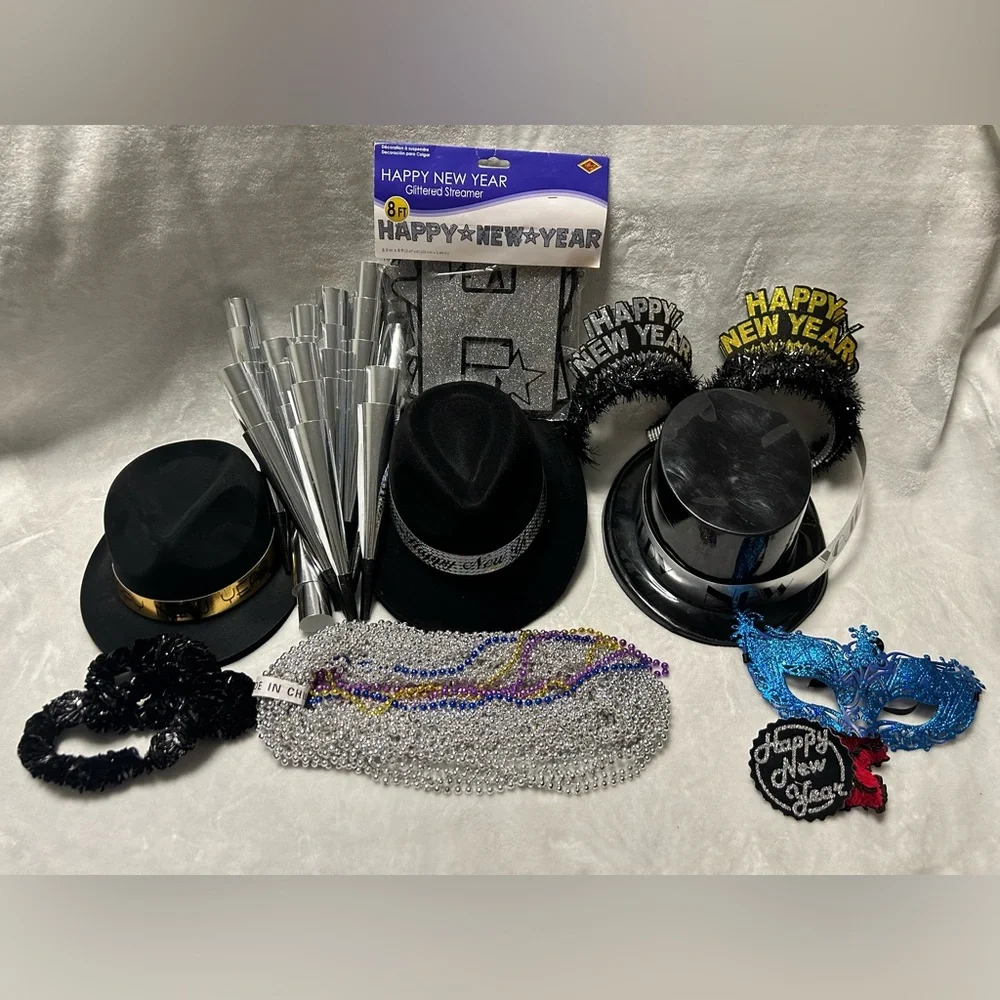 New Years Eve party kit 9 hats 31 necklaces banner mask 12 tiaras 30 horns